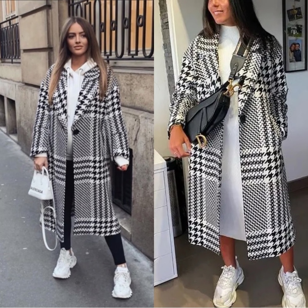 NWOT Zara textured black and white oversized houndstooth wool blend coat. XS